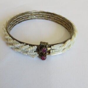 Antique Sloan & Co. Seed Pearl Mother of Pearl Ruby Glass Hinged Bangle Bracelet